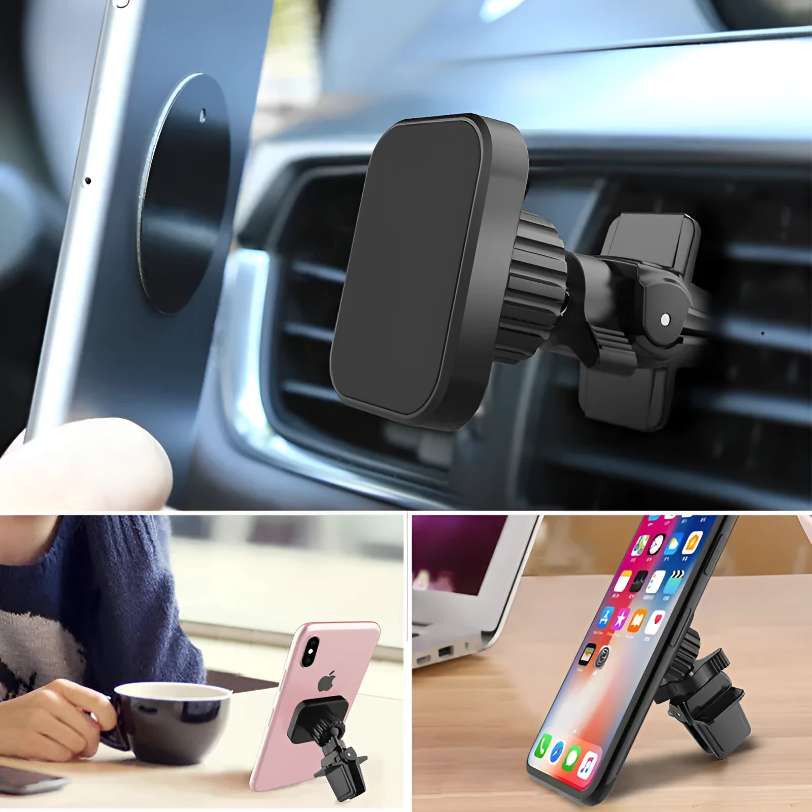 Black magnetic car phone holder attached to a vehicle's air conditioning vent.