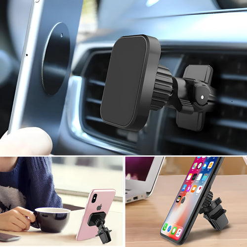 Black magnetic car phone holder attached to a vehicle's air conditioning vent.
