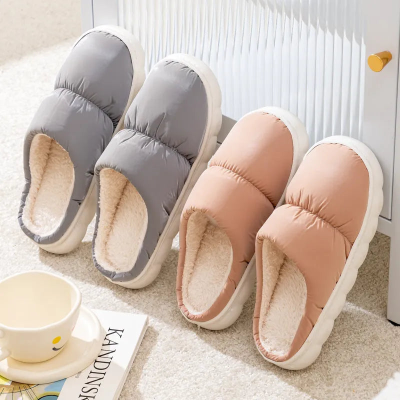 Blue plush indoor slippers with thick rubber sole and artificial fur lining