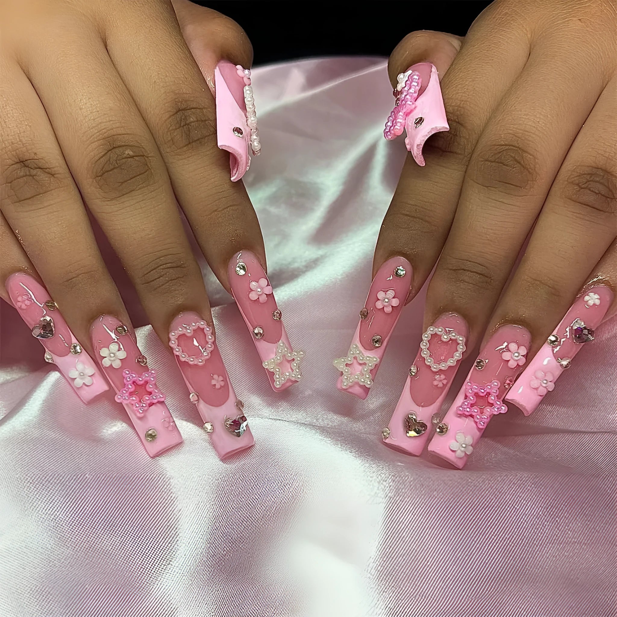 Super long water pipe French spot drill bow false nails with love pattern design in XB-70-48 colour for ladies manicure