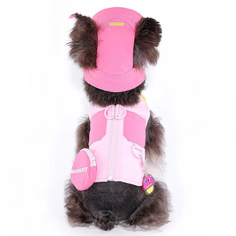 Pink polyester pet vest for small dog breeds on mannequin showing adjustable chest closure