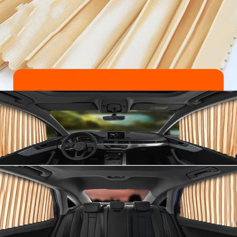 Retractable car sun curtain in thick opaque cloth with roller shutter mechanism