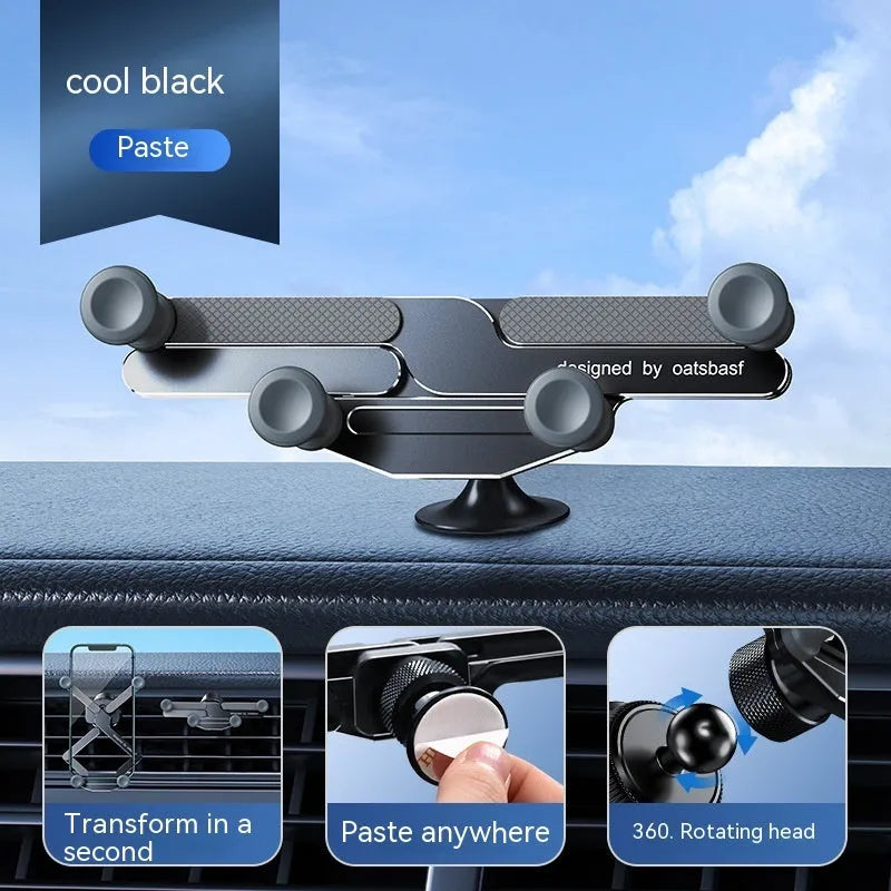 Invisible alloy car phone bracket showing air vent and dashboard mounting options in black, silver and grey colours
