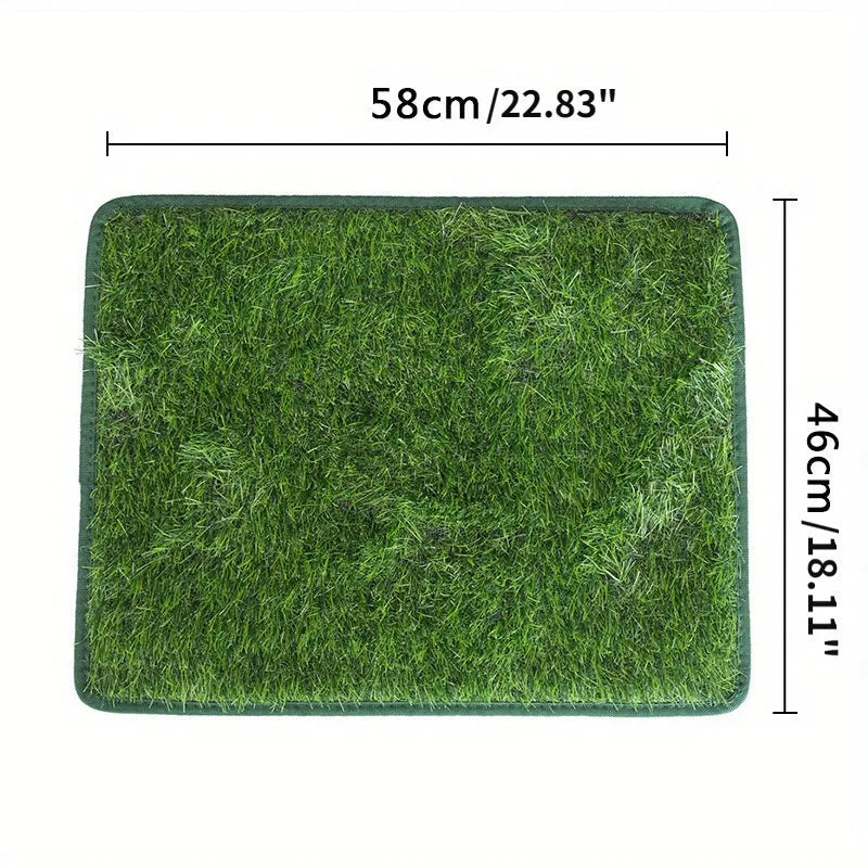 Artificial grass dog toilet training mat on floor with three size options shown