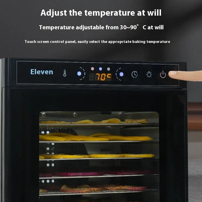 Stainless steel fruit dehydrator with LED control panel showing temperature settings and multiple drying trays