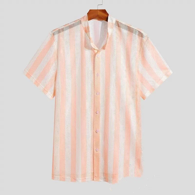 Pink loose waffle-textured men's summer cardigan shirt with short sleeves