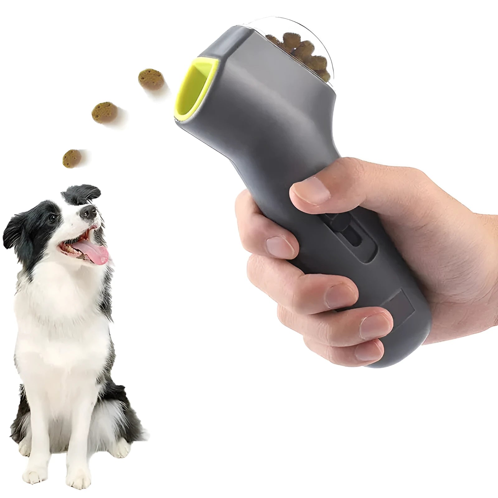 Grey pet snack catapult launcher for dog and cat training with spring trigger mechanism