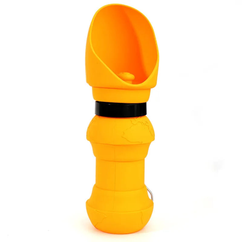 Collapsible silicone pet water cup in folded and unfolded positions showing colour options