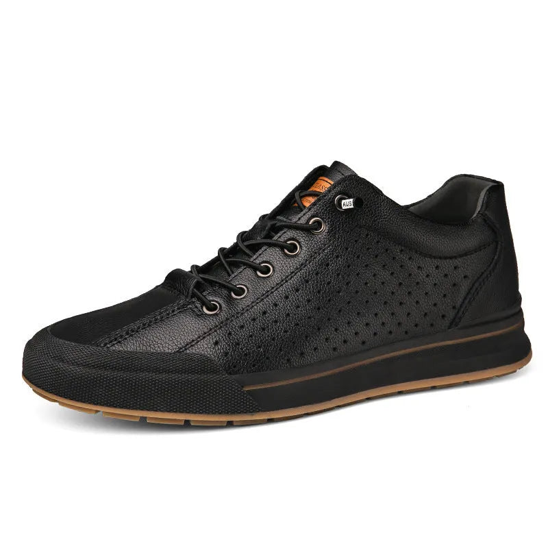 Men's white and black matte leather casual shoes with flat heel and round toe, shown in various colour and lining options.