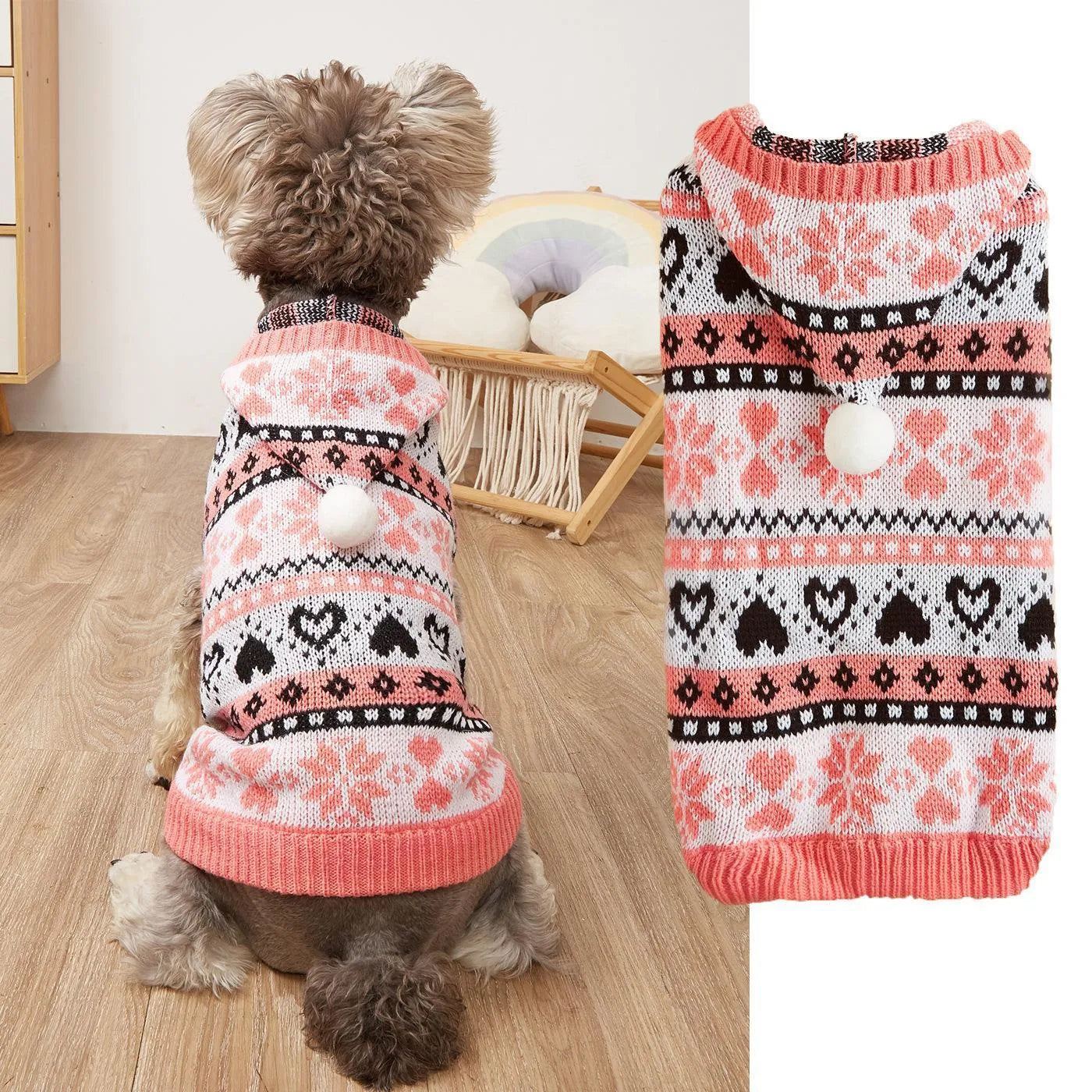Striped camouflage dog sweater with snowflake motifs in pink acrylic knit for small breeds
