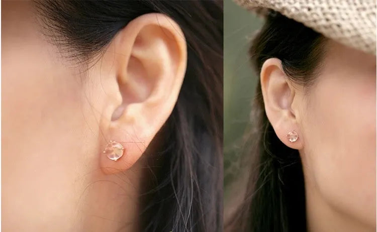 Rose gold drop shape stud earrings with synthetic ross quartz crystal inlay, Korean style.