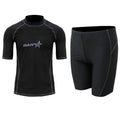 Men's quick-drying half sleeve swim suit with separate swim top and pants in navy blue.