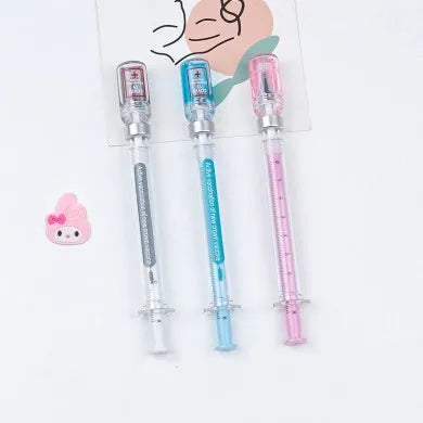 Vaccine design gel pen with syringe-styled plastic barrel and black 0.5mm refill
