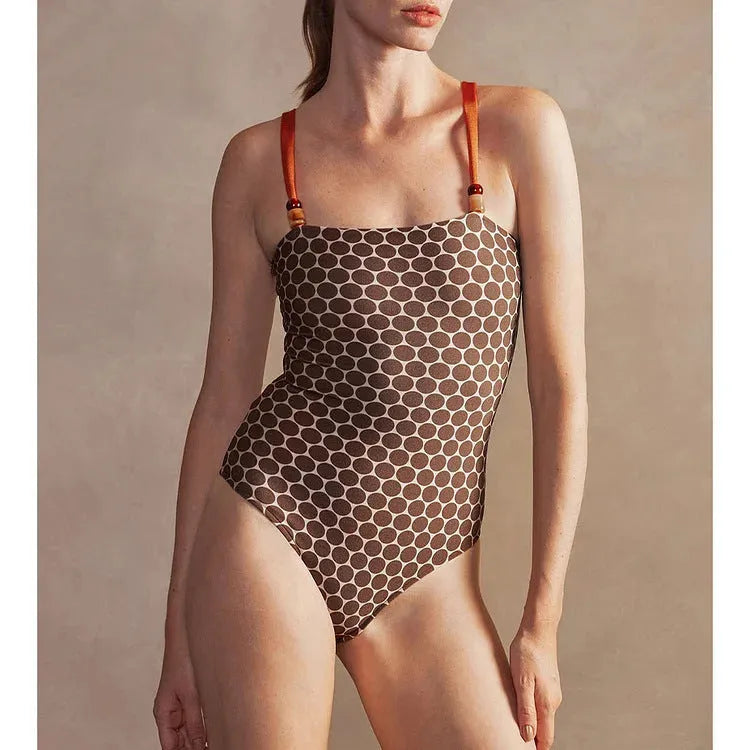 Women's printed dots pattern one-piece swimsuit with matching wrap skirt set