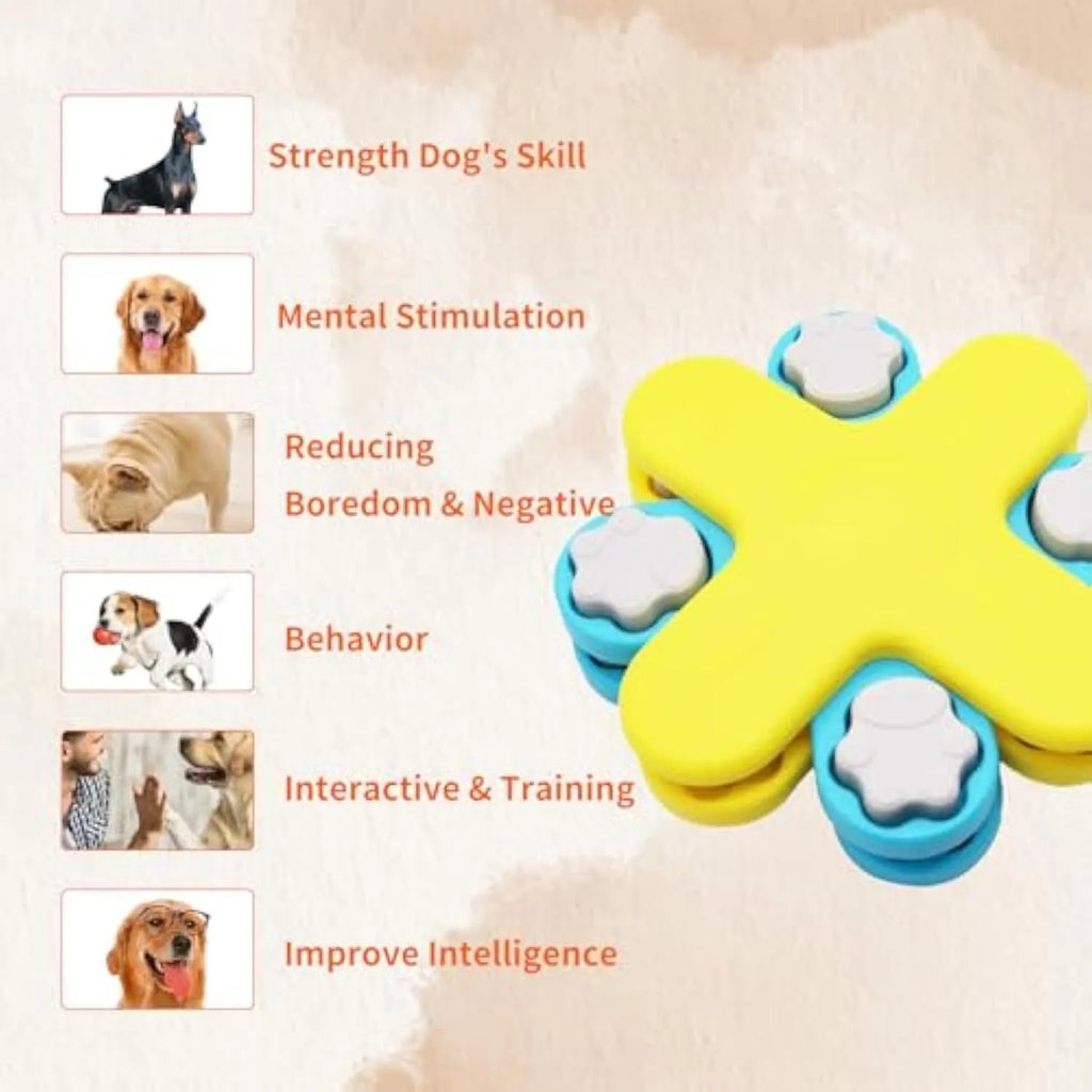 Yellow three-layer rotating dog puzzle feeder with claw-shaped lids and anti-slip rubber pads