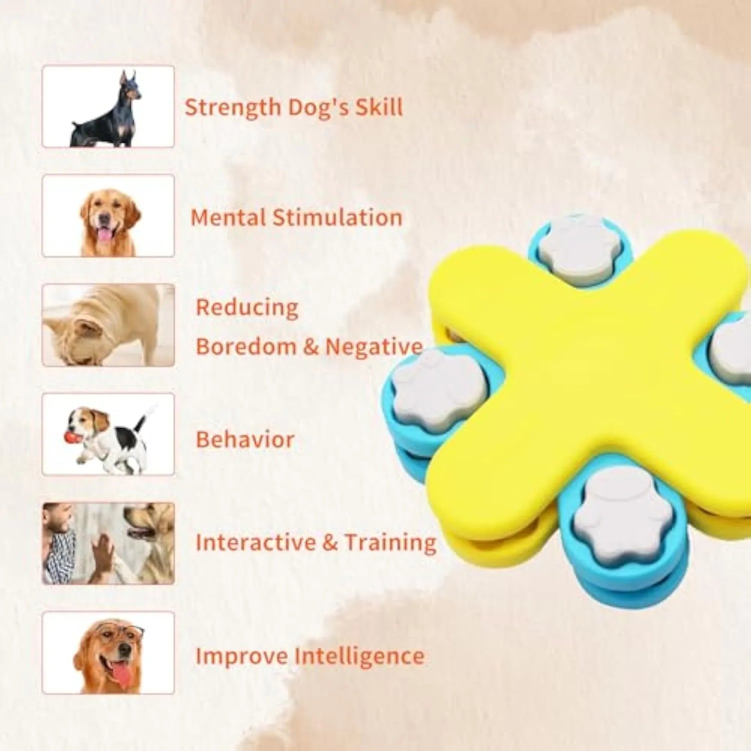 Yellow three-layer rotating dog puzzle feeder with claw-shaped lids and anti-slip rubber pads