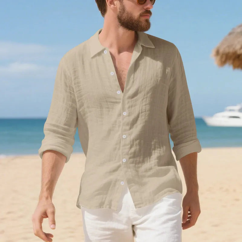 Men's linen Hawaiian casual shirt in loose American style fit with non-ironing processing