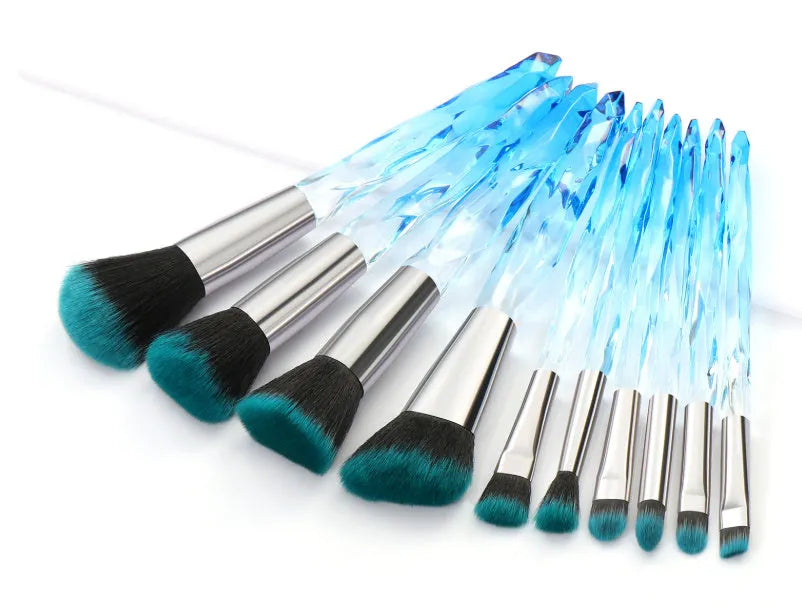 10 foundation brushes with crystal diamond handles in four colours: black, blue, red, and yellow