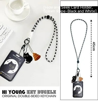 Cartoon little black cat design plastic card holder with ferrule pendant for student ID and transport cards.
