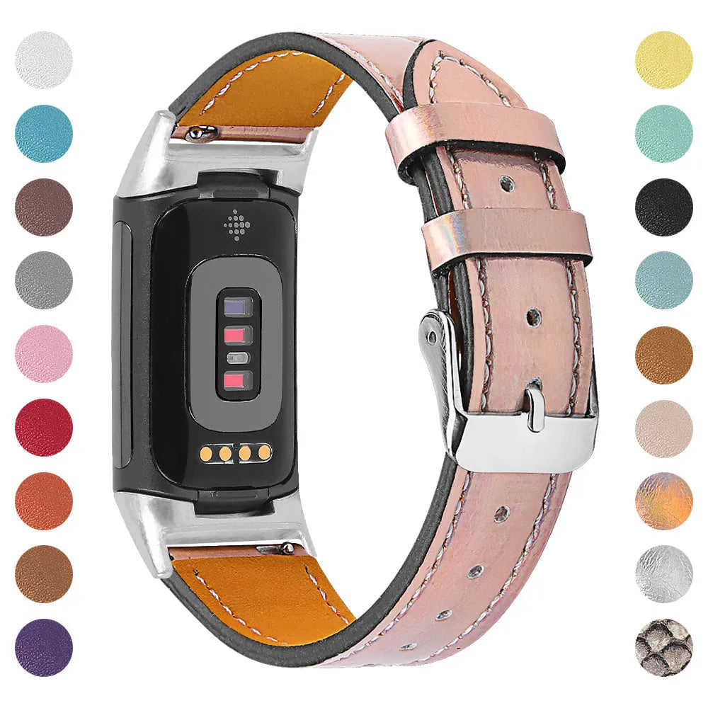 Genuine leather strap for Fitbit Charge 5 and Charge 6 smartwatches in assorted colours.