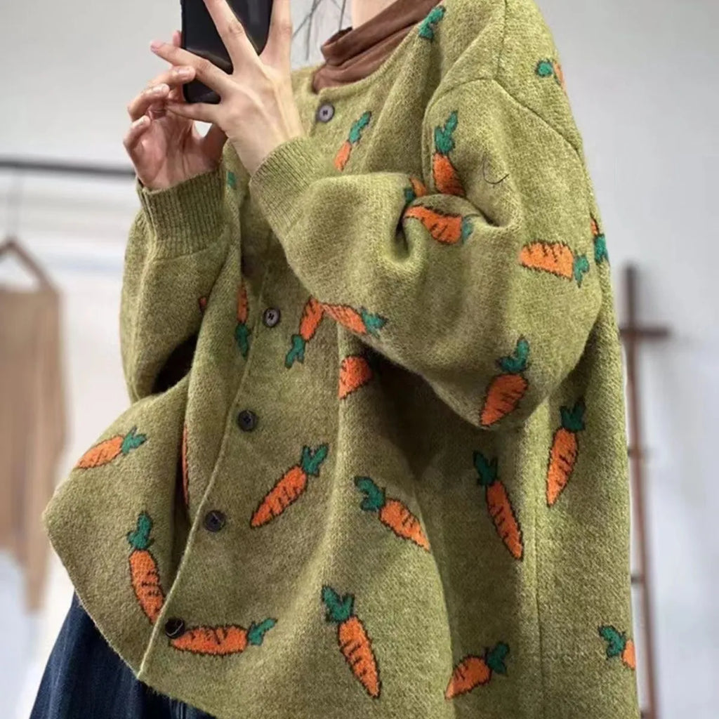 Mori artistic printing loose cardigan sweater with colour contrast design