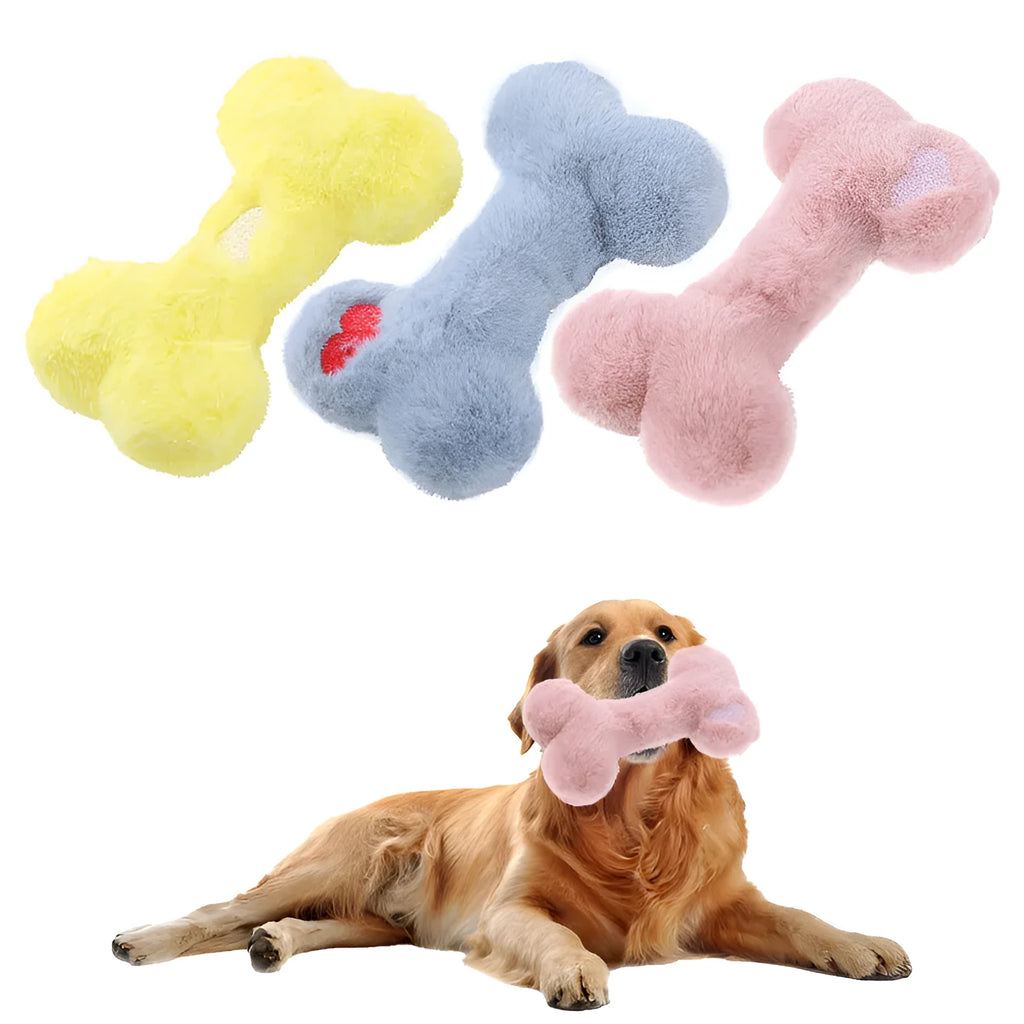 Cute love bone shaped plush dog toy in blue, pink, and yellow colours for interactive chewing play.