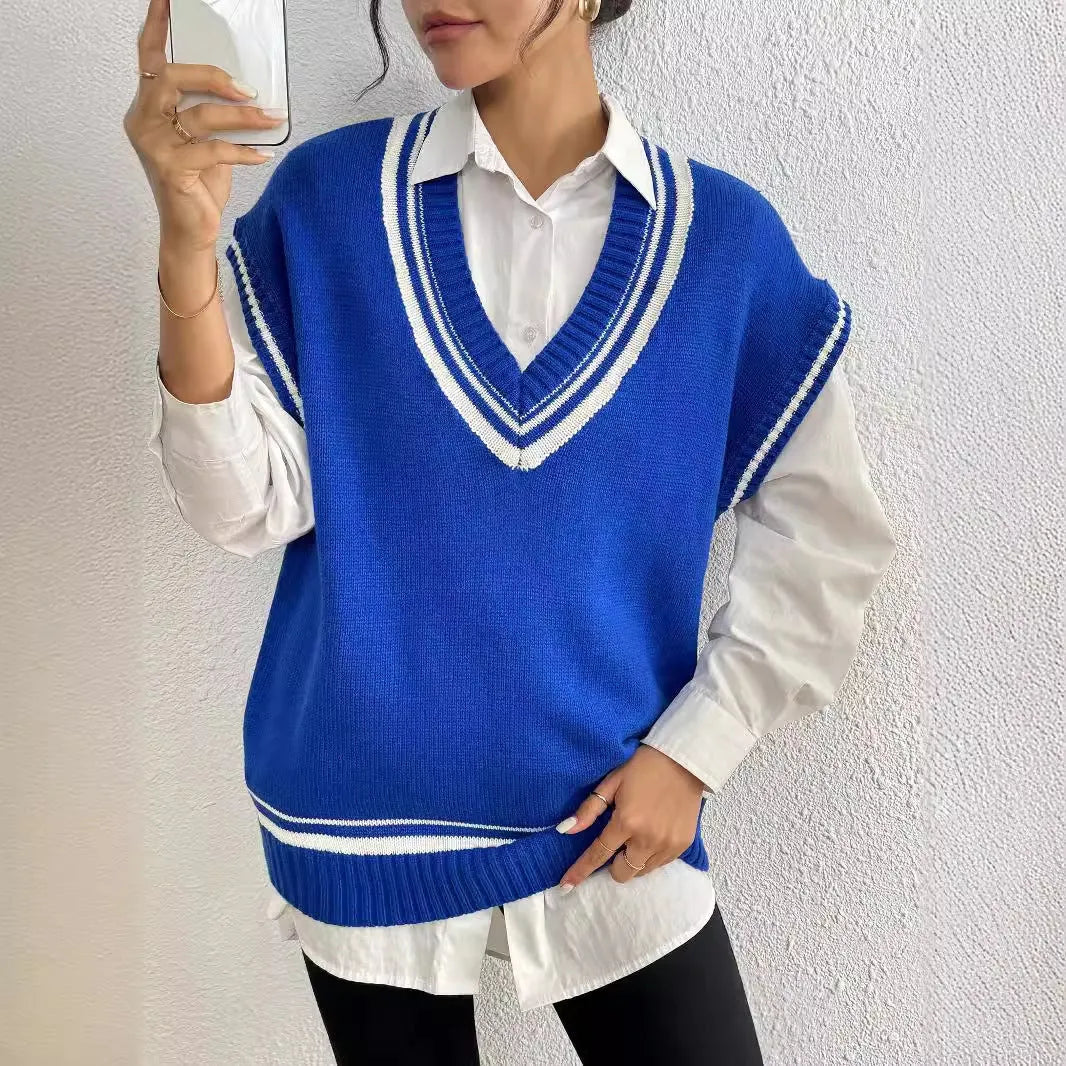 Women's loose fit college style vest sweater in acrylic polyester blend, black blue coffee colour options