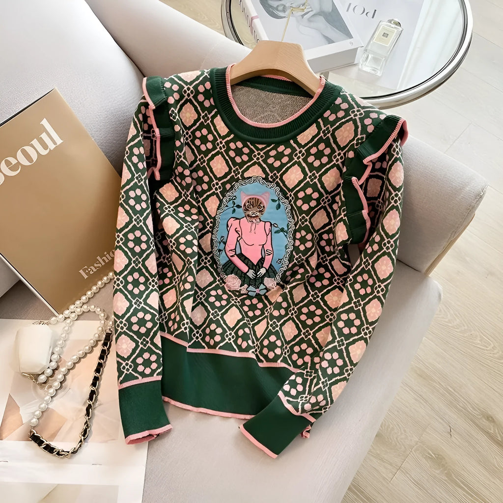 Green printed women's loose fit sweater on a hanger, free size.