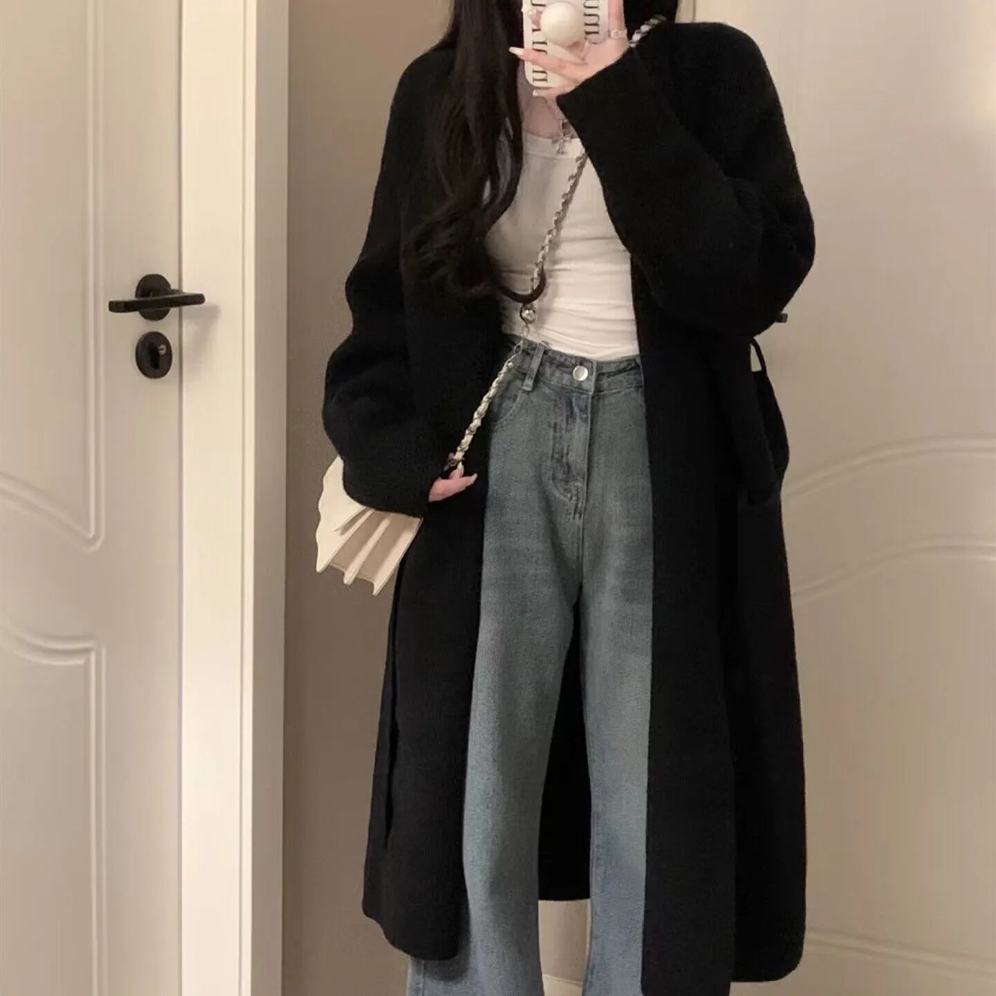Loose fit dark grey knitted cardigan for women with thick Chenille fabric and long sleeves.