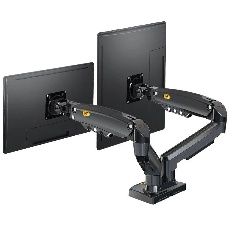 Aluminium and plastic dual screen monitor bracket with lifting mechanism, for VESA 75x75 or 100x100 mm mounts.