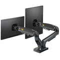 Aluminium and plastic dual screen monitor bracket with lifting mechanism, for VESA 75x75 or 100x100 mm mounts.