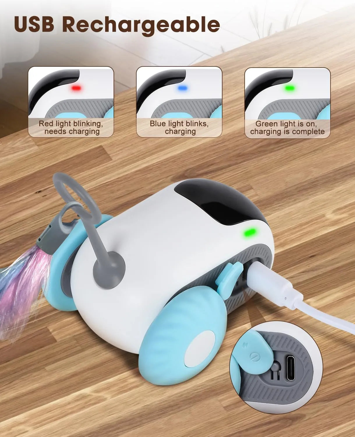 Blue smart cat toy car with feather teaser and remote control unit