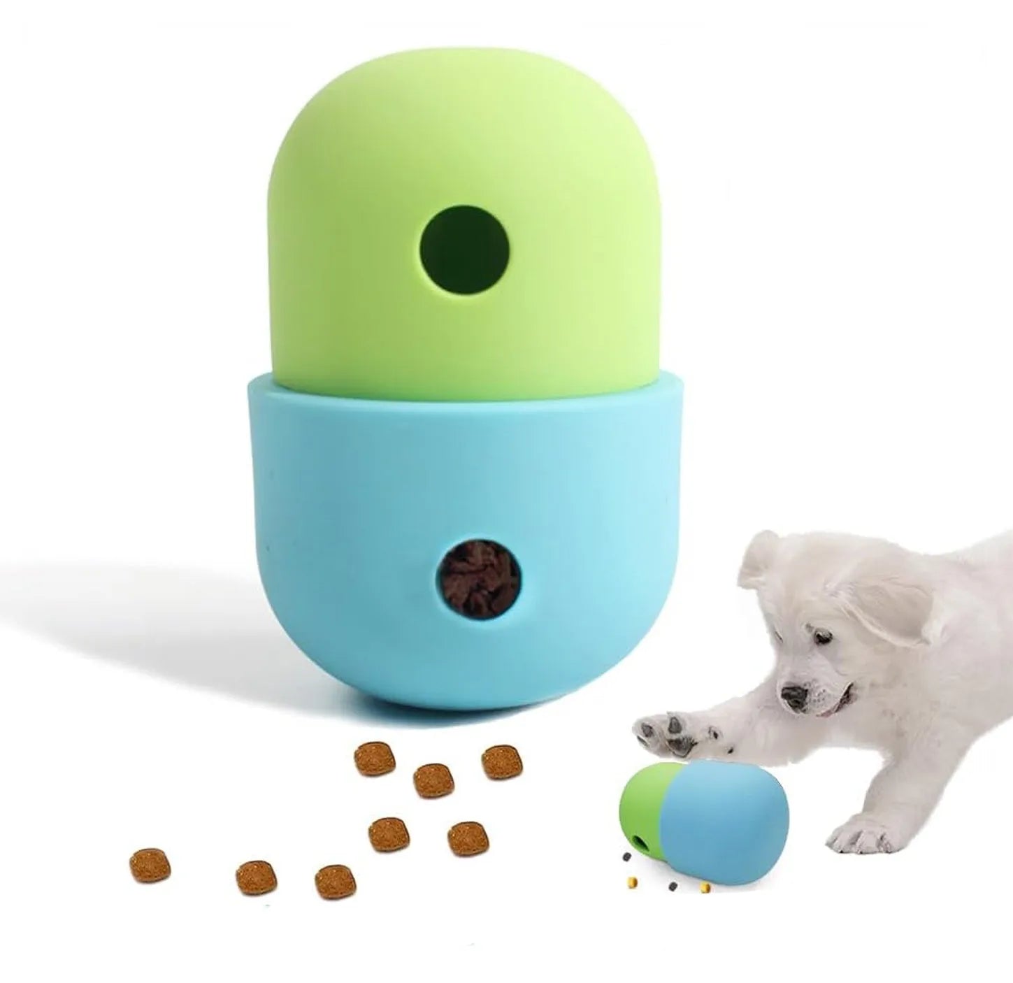 Food-grade silicone dog puzzle toy in yellow and blue colour combination