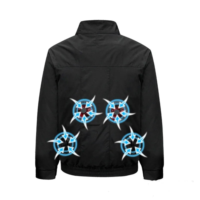 Men's black smart air conditioning outdoor work jacket with built-in cooling fan system and multiple ventilation holes.