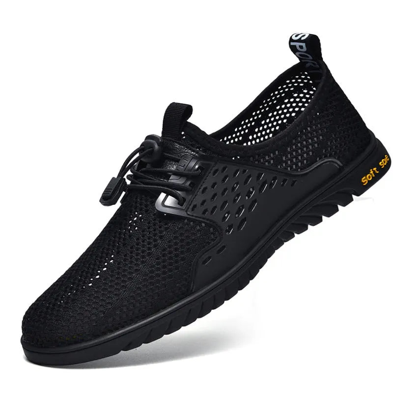 Men's black mesh casual sports shoes with elastic band and rubber sole