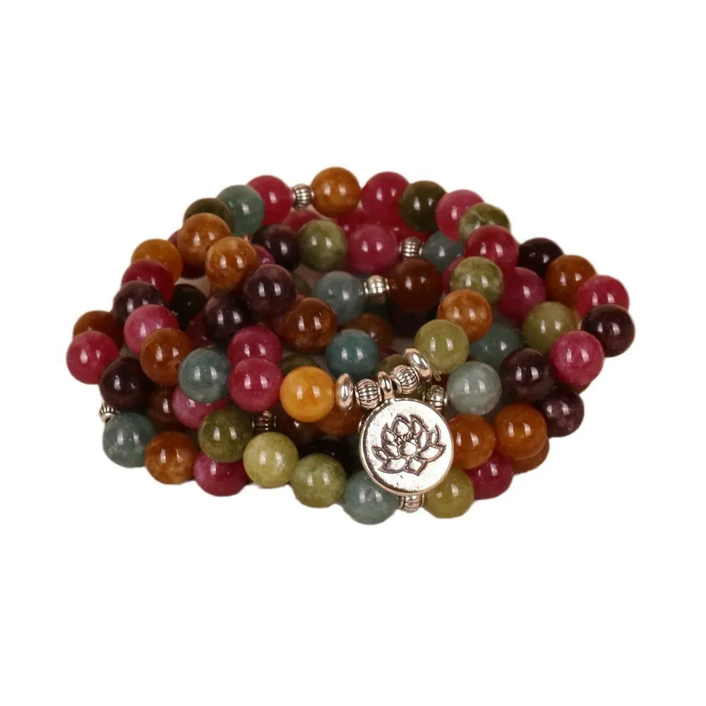 108-bead hanging bracelet in tourmaline colour with alloy beads and multi-layer lotus string design