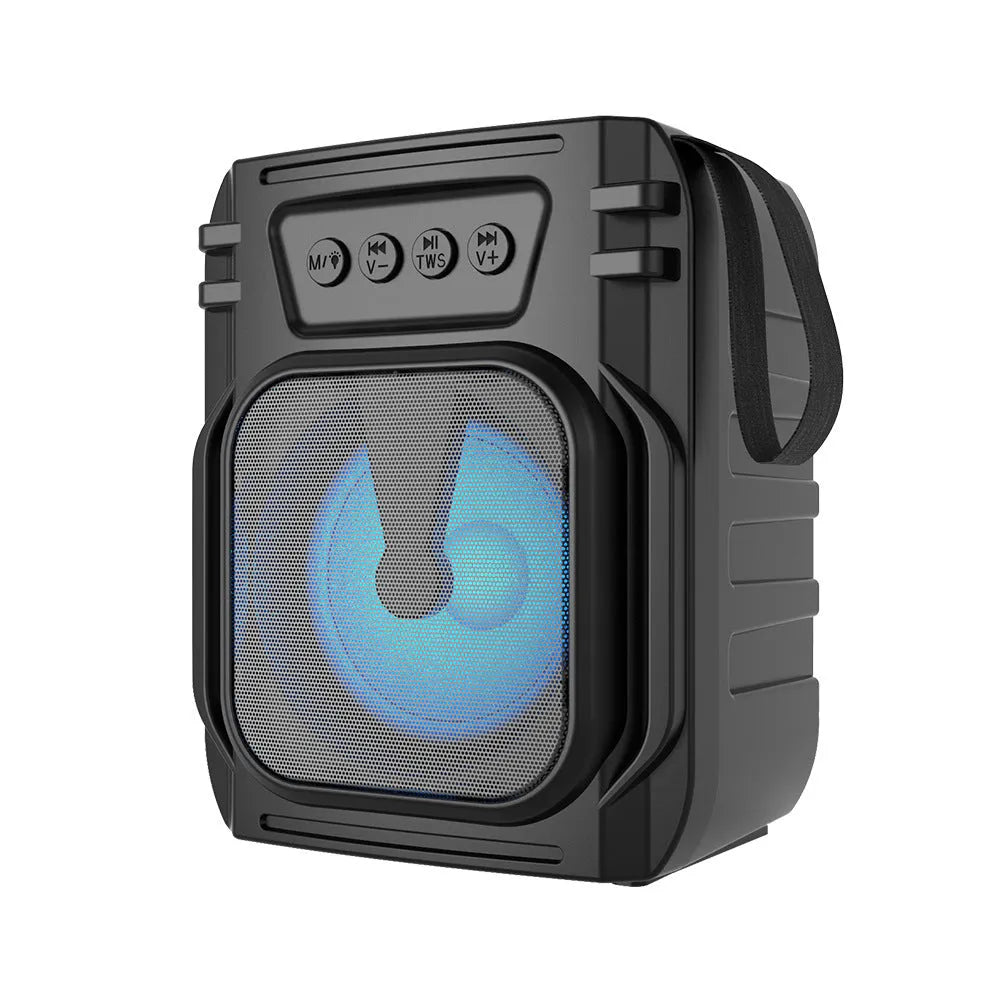 Portable Bluetooth speaker with USB charging cable and compact radio-style design