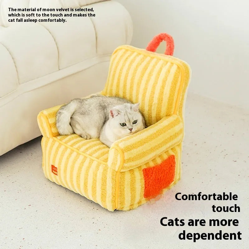 Striped soft velvet pet bed in yellow, orange, and purple colour options with a removable cover.