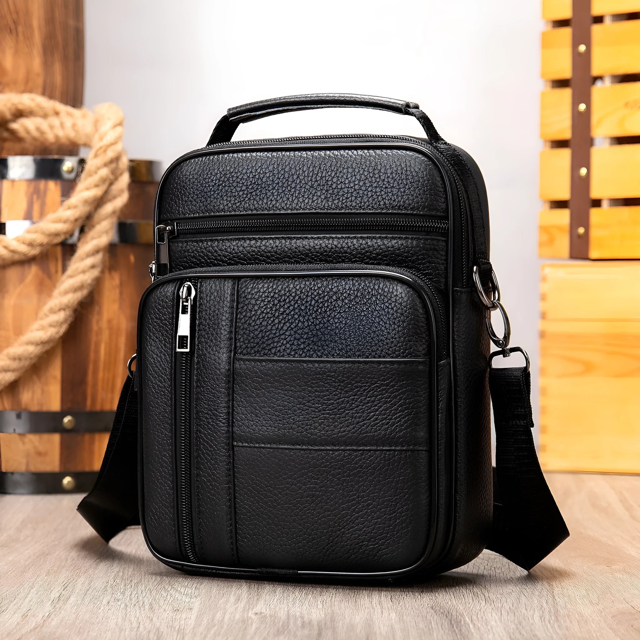 Vertical square genuine cowhide leather shoulder bag for men with zipper closure and internal organisation pockets