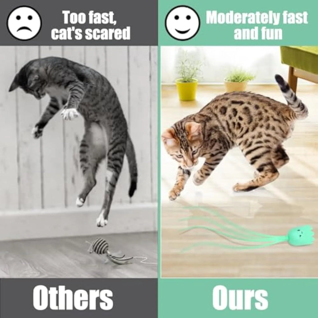 Electronic cat wand toy with swinging silicone tails on green background