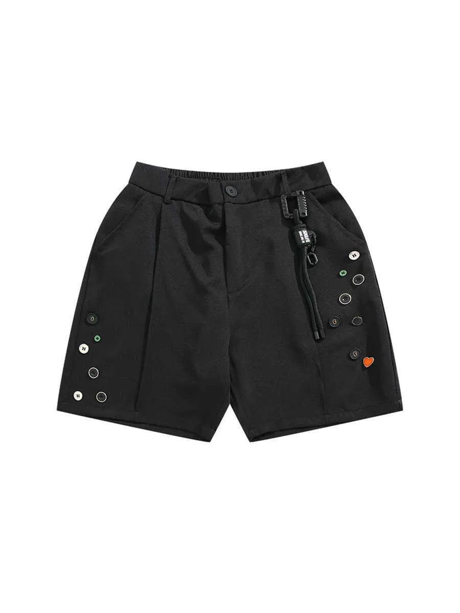 Men's black semi-elastic shorts with loose straight-leg fit and above-knee length