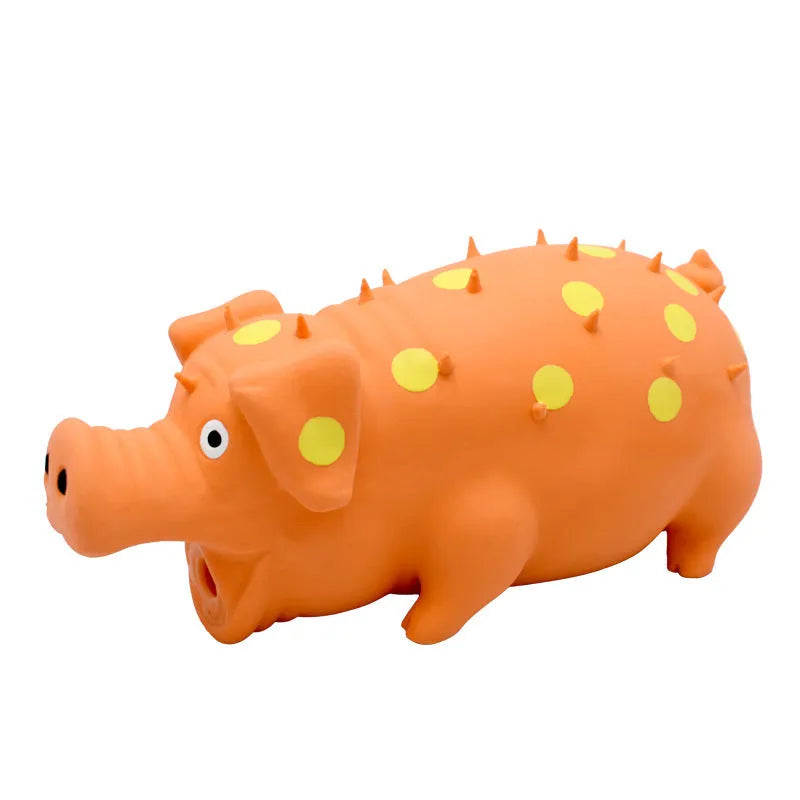 Blue latex pig-shaped dog chew toy with textured surface and squeaker inside.