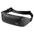 Men's blue waterproof oxford polyester waist bag shown on a manikin, showcasing its compact 45cm size.
