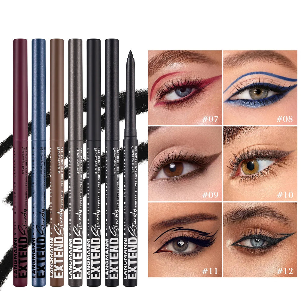 Set of 12 colourful gel glitter eyeliner pencils arranged showing metallic, matte, and glitter finishes.