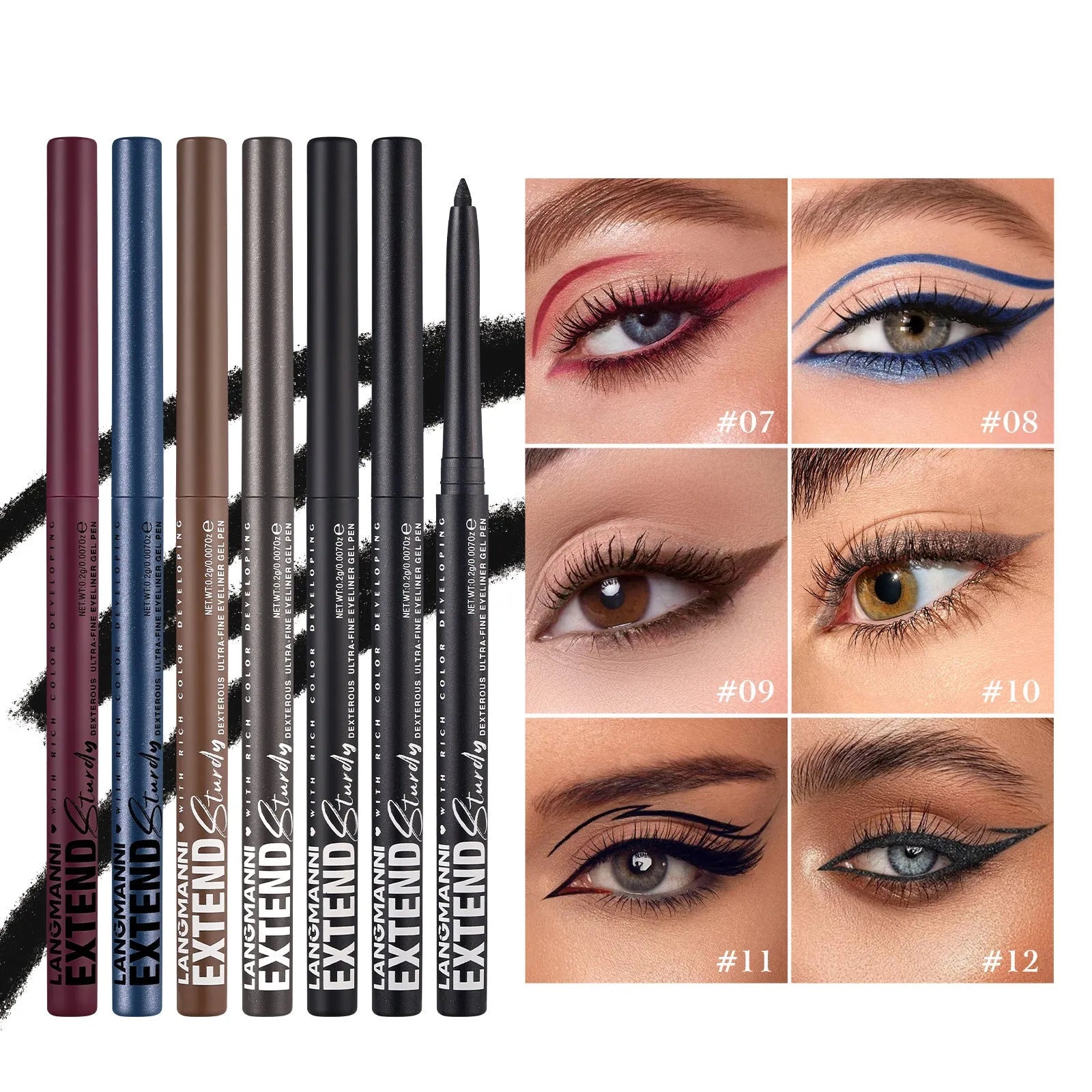Set of 12 colourful gel glitter eyeliner pencils arranged showing metallic, matte, and glitter finishes.