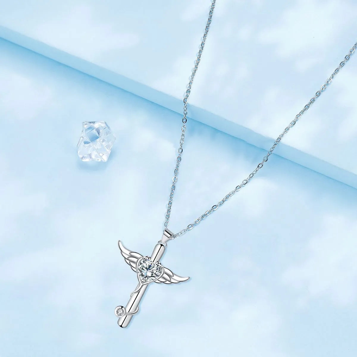 Copper cross stethoscope necklace with wings pendant in white diamond or red diamond electroplated finish