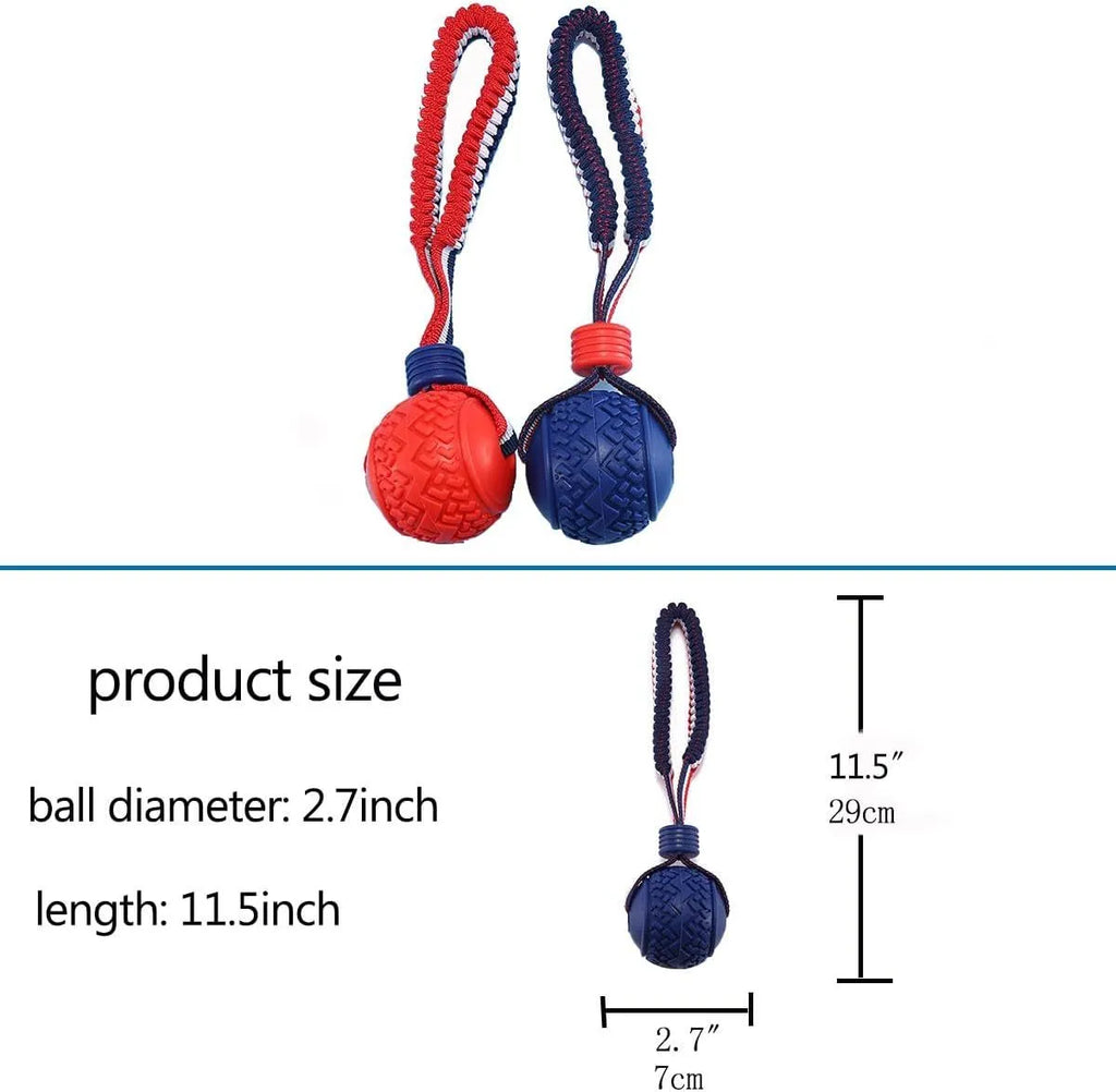 Blue dog ball with rope toy showing 6.5cm diameter ball and cotton rope handle for small dogs