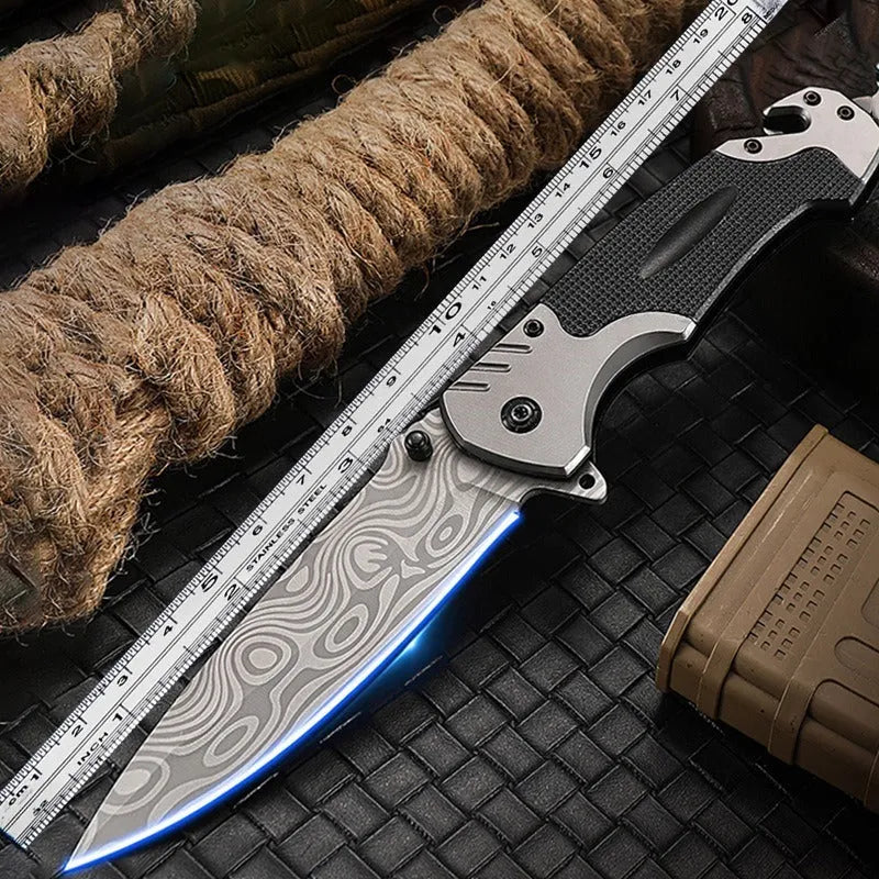 Alloy folding knife showing blade details and folded position with measurement indicators