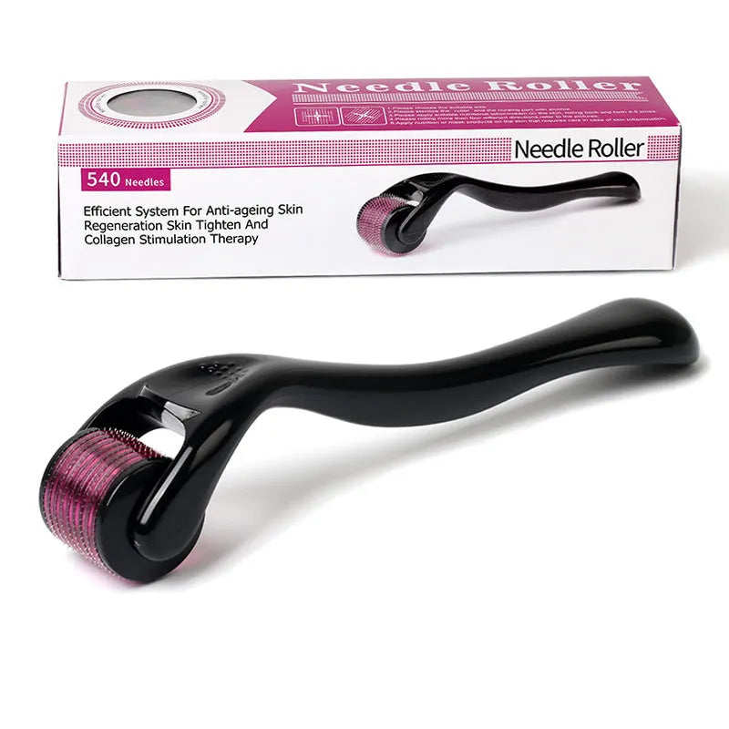 Black and purple derma rollers with titanium microneedles showing size options from 0.2mm to 1.0mm