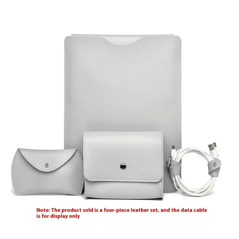 Four-piece set of imitation leather lock edge protective covers for MacBook Pro laptops in apricot, brown, grey, and pink.